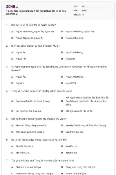 15 câu Trắc nghiệm Địa lý 7 Kết nối tri thức Bài 17 có đáp án (Phần 2)