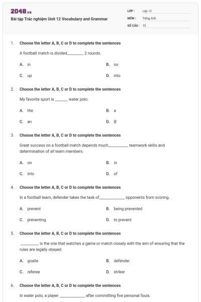Bài tập Trắc nghiệm Unit 12 Vocabulary and Grammar