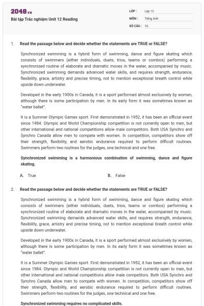 Bài tập Trắc nghiệm Unit 12 Reading