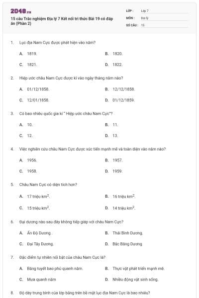 15 câu Trắc nghiệm Địa lý 7 Kết nối tri thức Bài 19 có đáp án (Phần 2)