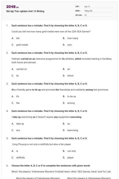 Bài tập Trắc nghiệm Unit 13 Writing
