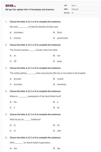 Bài tập Trắc nghiệm Unit 14 Vocabulary and Grammar