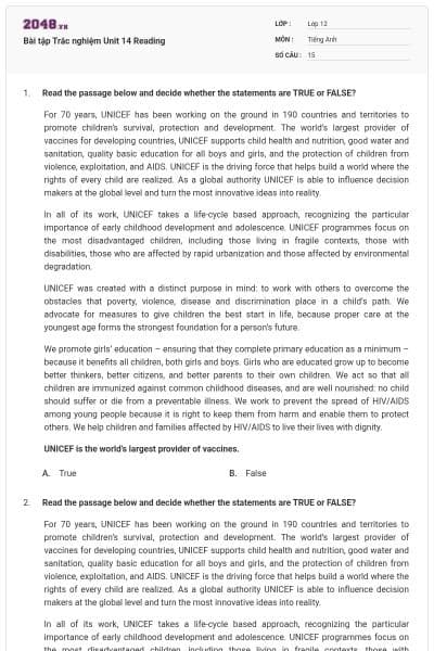 Bài tập Trắc nghiệm Unit 14 Reading