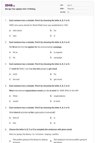 Bài tập Trắc nghiệm Unit 14 Writing