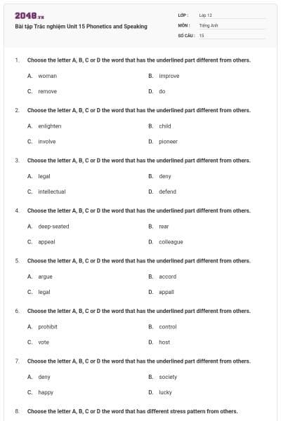 Bài tập Trắc nghiệm Unit 15 Phonetics and Speaking