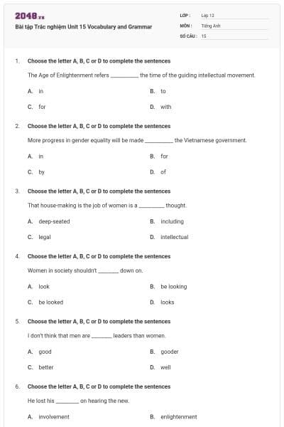 Bài tập Trắc nghiệm Unit 15 Vocabulary and Grammar