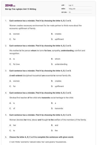 Bài tập Trắc nghiệm Unit 15 Writing