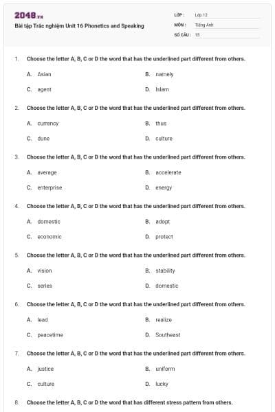 Bài tập Trắc nghiệm Unit 16 Phonetics and Speaking