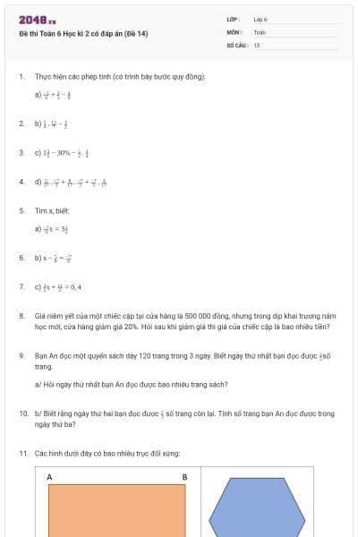 Đề thi Toán 6 Học kì 2 có đáp án (Đề 14)