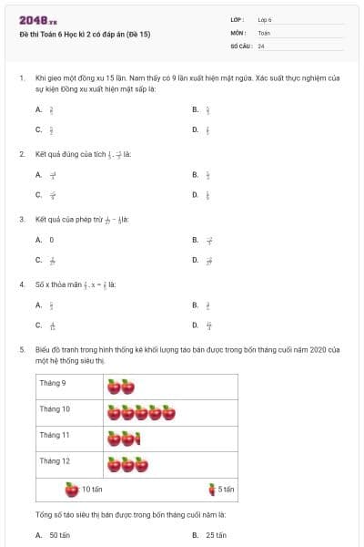 Đề thi Toán 6 Học kì 2 có đáp án (Đề 15)