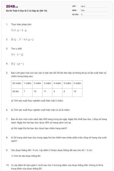 Đề thi Toán 6 Học kì 2 có đáp án (Đề 16)