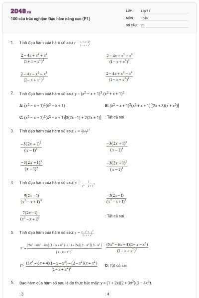 100 câu trắc nghiệm Đạo hàm nâng cao (P1)