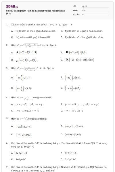 50 câu trắc nghiệm Hàm số bậc nhất và bậc hai nâng cao (P1)
