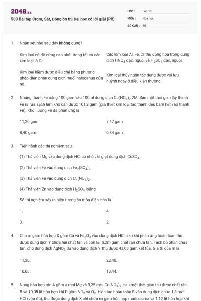 500 Bài tập Crom, Sắt, Đồng ôn thi Đại học có lời giải (P8)