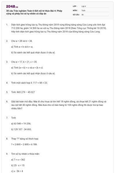 38 câu Trắc nghiệm Toán 6 Kết nối tri thức Bài 4: Phép cộng và phép trừ số tự nhiên có đáp án
