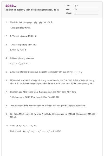 Đề kiểm tra cuối kỳ 2 Toán 8 có đáp án ( Mới nhất)_ đề 19