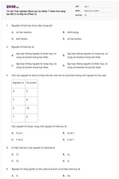 10 câu Trắc nghiệm Khoa học tự nhiên 7 Chân trời sáng tạo Bài 3 có đáp án (Phần 2)