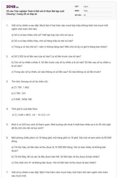 35 câu Trắc nghiệm Toán 6 Kết nối tri thức Bài tập cuối Chương 1 trang 28 có đáp án