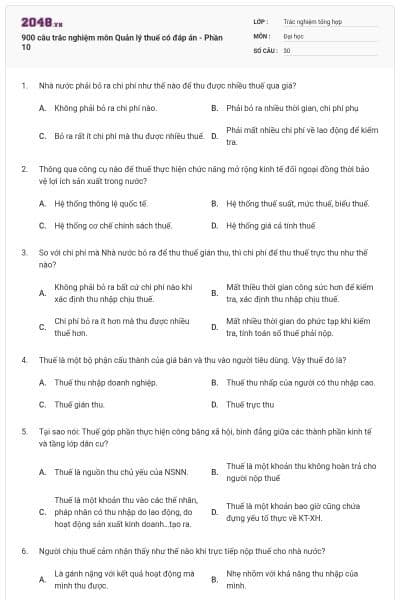 900 câu trắc nghiệm môn Quản lý thuế có đáp án - Phần 10