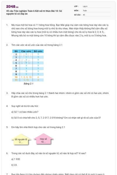 45 câu Trắc nghiệm Toán 6 Kết nối tri thức Bài 10: Số nguyên tố có đáp án
