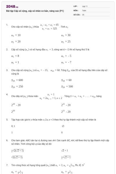 Bài tập Cấp số cộng, cấp số nhân cơ bản, nâng cao (P1)
