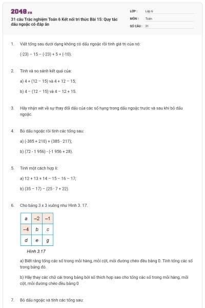 31 câu Trắc nghiệm Toán 6 Kết nối tri thức Bài 15: Quy tắc dấu ngoặc có đáp án