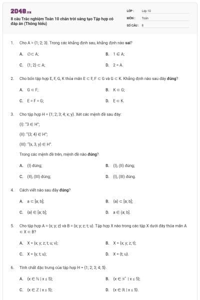 8 câu Trắc nghiệm Toán 10 chân trời sáng tạo Tập hợp có đáp án (Thông hiểu)
