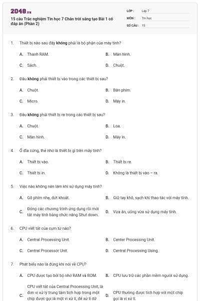 15 câu Trắc nghiệm Tin học 7 Chân trời sáng tạo Bài 1 có đáp án (Phần 2)