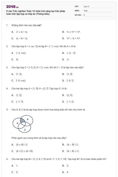 8 câu Trắc nghiệm Toán 10 chân trời sáng tạo Các phép toán trên tập hợp có đáp án (Thông hiểu)