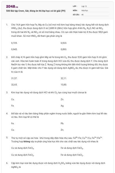 500 Bài tập Crom, Sắt, Đồng ôn thi Đại học có lời giải (P9)