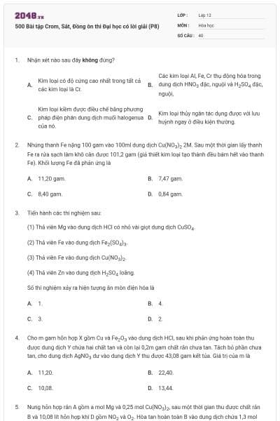 500 Bài tập Crom, Sắt, Đồng ôn thi Đại học có lời giải (P8)