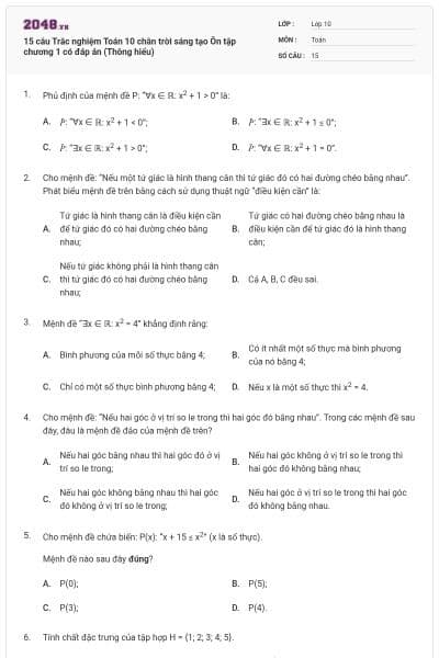 15 câu Trắc nghiệm Toán 10 chân trời sáng tạo Ôn tập chương 1 có đáp án (Thông hiểu)