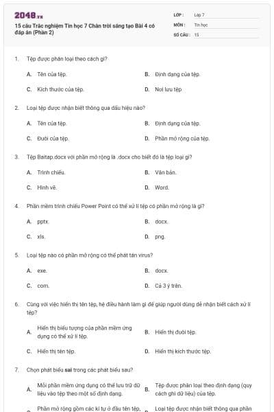 15 câu Trắc nghiệm Tin học 7 Chân trời sáng tạo Bài 4 có đáp án (Phần 2)