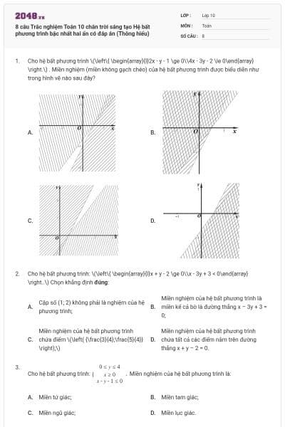 8 câu Trắc nghiệm Toán 10 chân trời sáng tạo Hệ bất phương trình bậc nhất hai ẩn có đáp án (Thông hiểu)