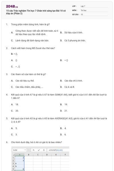 15 câu Trắc nghiệm Tin học 7 Chân trời sáng tạo Bài 10 có đáp án (Phần 2)