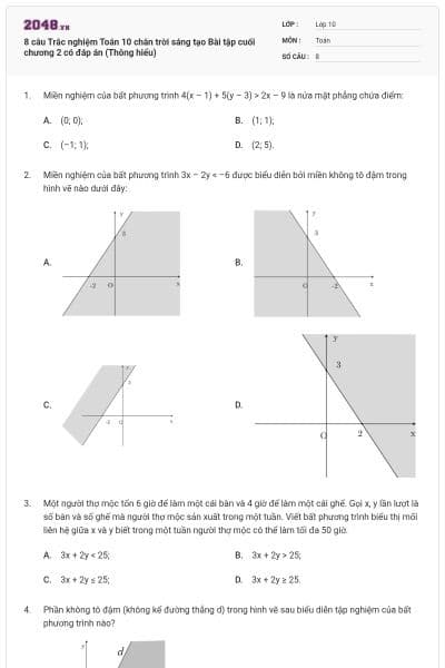 8 câu Trắc nghiệm Toán 10 chân trời sáng tạo Bài tập cuối chương 2 có đáp án (Thông hiểu)