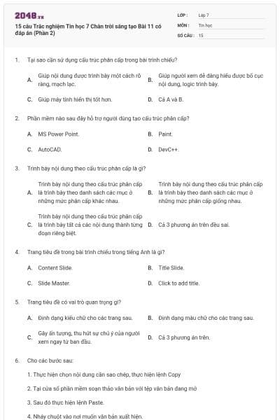 15 câu Trắc nghiệm Tin học 7 Chân trời sáng tạo Bài 11 có đáp án (Phần 2)