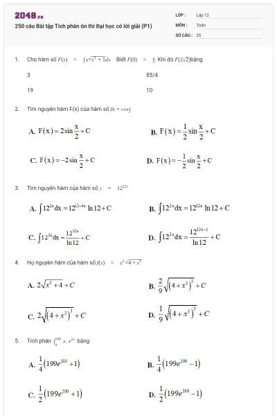 250 câu Bài tập Tích phân ôn thi Đại học có lời giải (P1)