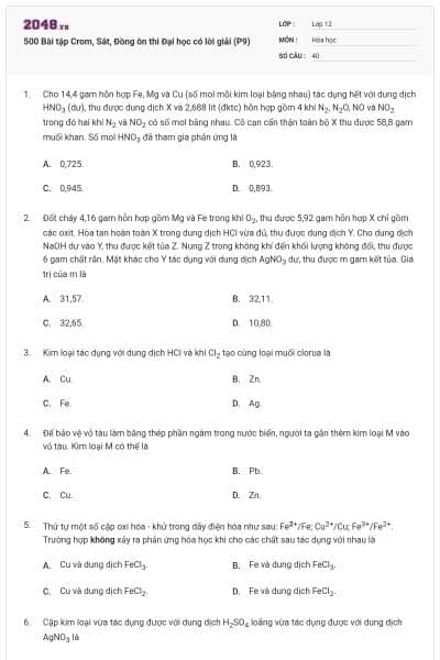 500 Bài tập Crom, Sắt, Đồng ôn thi Đại học có lời giải (P9)