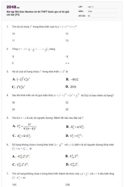 Bài tập Nhị thức Newton ôn thi THPT Quốc gia có lời giải chi tiết (P3)