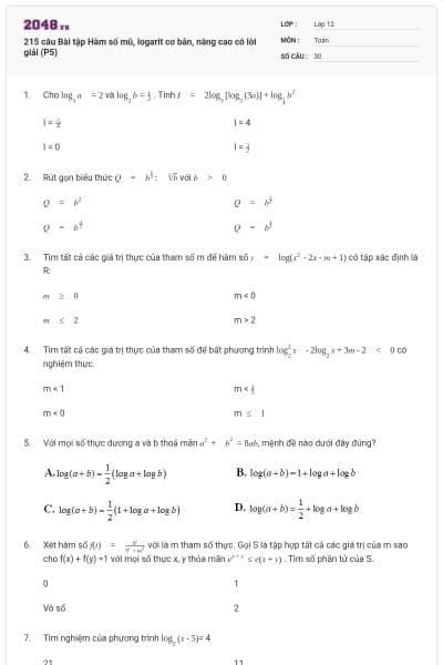 215 câu Bài tập Hàm số mũ, logarit cơ bản, nâng cao có lời giải (P5)