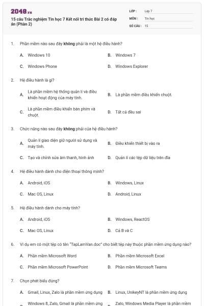 15 câu Trắc nghiệm Tin học 7 Kết nối tri thức Bài 2 có đáp án (Phần 2)