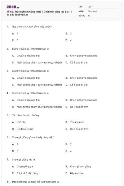 15 câu Trắc nghiệm Công nghệ 7 Chân trời sáng tạo Bài 11 có đáp án (Phần 2)