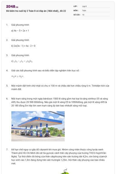 Đề kiểm tra cuối kỳ 2 Toán 8 có đáp án ( Mới nhất)_ đề 22