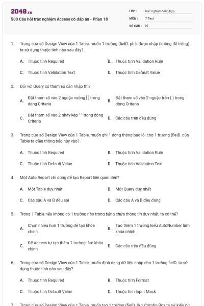 500 Câu hỏi trắc nghiệm Access có đáp án - Phần 18