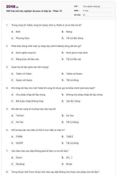 500 Câu hỏi trắc nghiệm Access có đáp án - Phần 19
