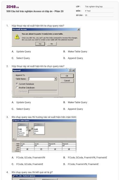 500 Câu hỏi trắc nghiệm Access có đáp án - Phần 20