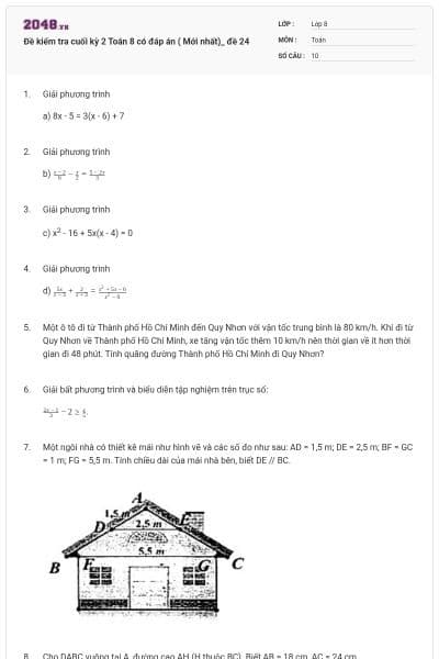 Đề kiểm tra cuối kỳ 2 Toán 8 có đáp án ( Mới nhất)_ đề 24