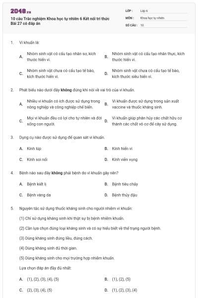 10 câu Trắc nghiệm Khoa học tự nhiên 6 Kết nối tri thức Bài 27 có đáp án