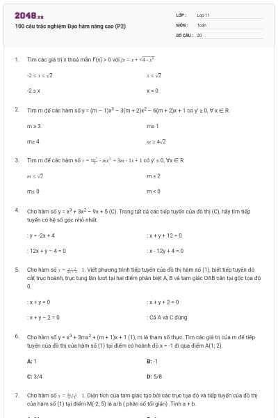 100 câu trắc nghiệm Đạo hàm nâng cao (P2)